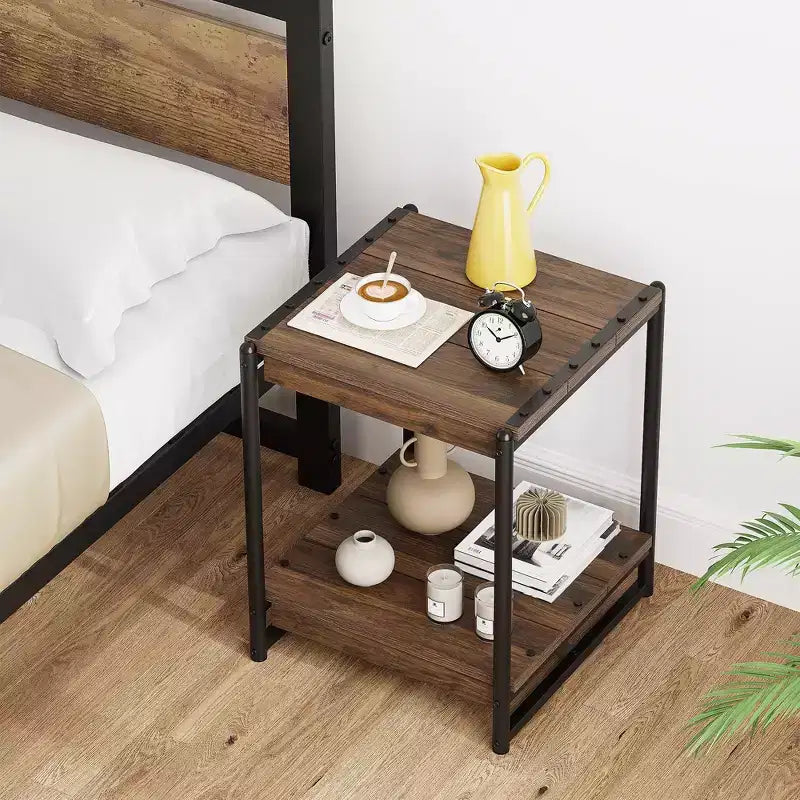 Table d'appoint à cadre en bois et métal à 2 niveaux, grise, simple