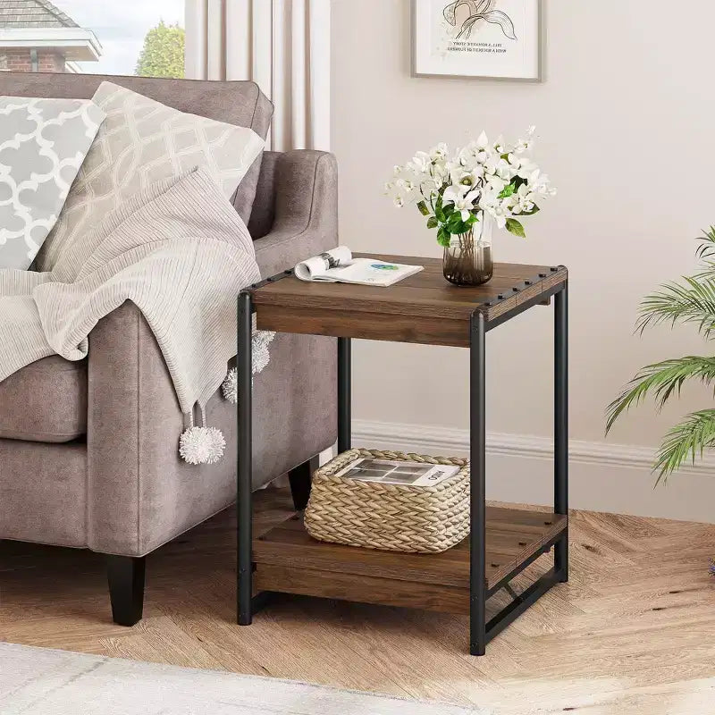 Table d'appoint à cadre en bois et métal à 2 niveaux, grise, simple