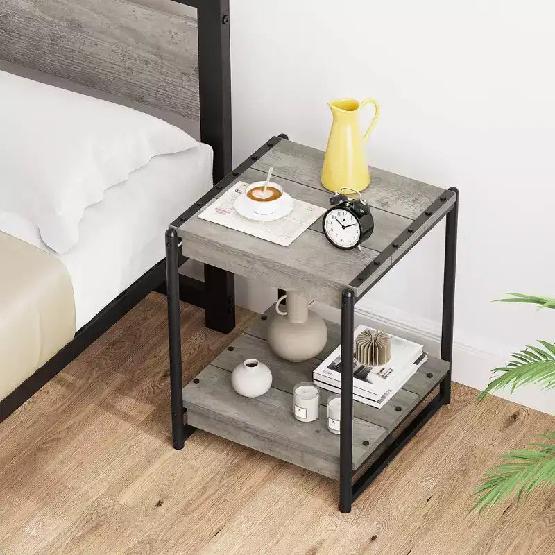 Table d'appoint à cadre en bois et métal à 2 niveaux, grise, simple