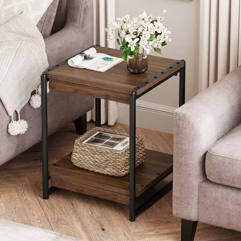 Table d'appoint à cadre en bois et métal à 2 niveaux, grise, simple