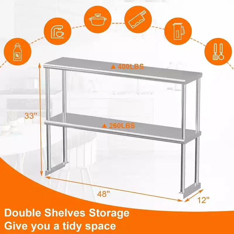 Étagère supérieure réglable à 2 niveaux en acier inoxydable argenté pour tables de préparation de cuisine