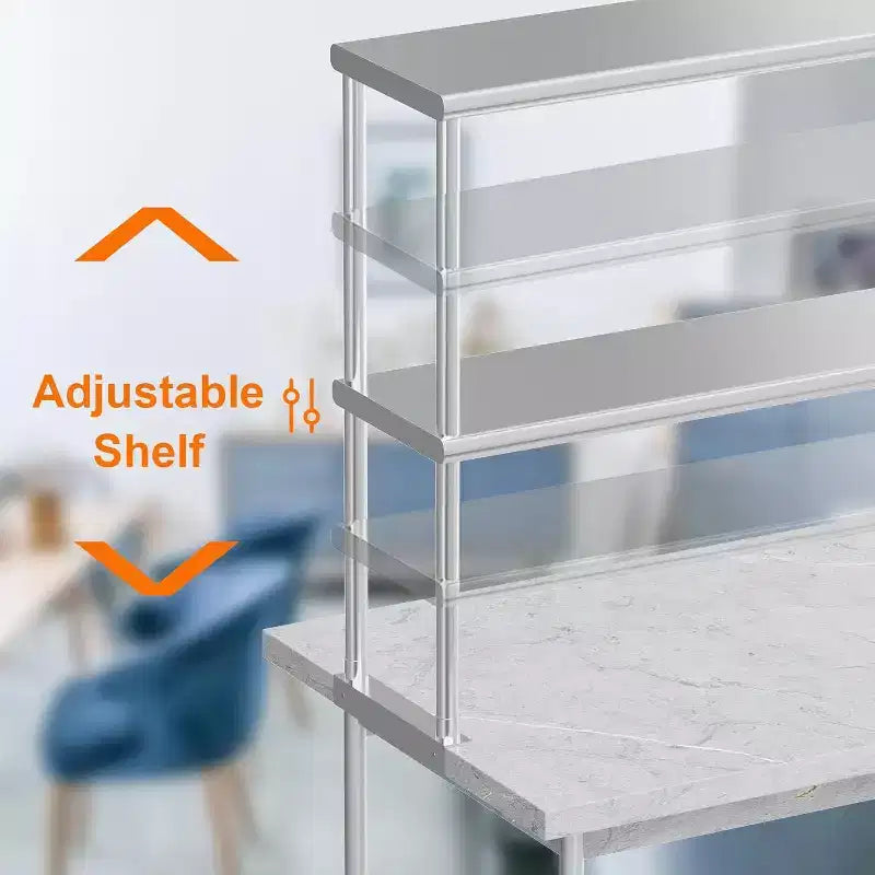 Étagère supérieure réglable à 2 niveaux en acier inoxydable argenté pour tables de préparation de cuisine