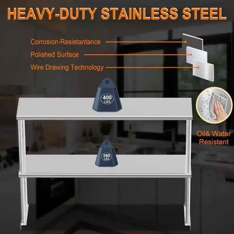 Étagère supérieure réglable à 2 niveaux en acier inoxydable argenté pour tables de préparation de cuisine