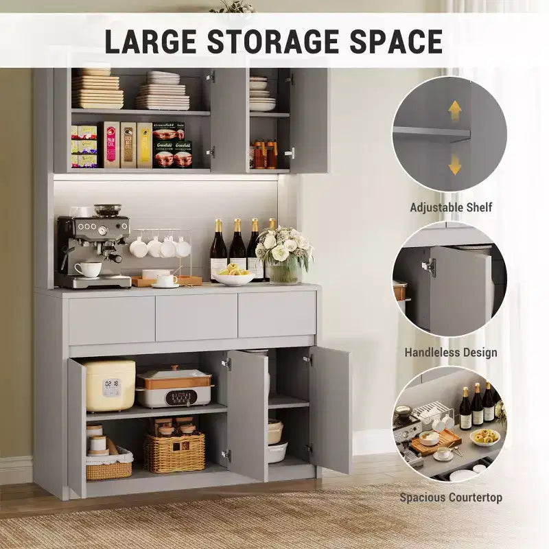 Armoire de cuisine garde-manger de style ferme de 178 cm de haut avec éclairage LED, support pour micro-ondes et tiroirs – Noir / Gris / Blanc