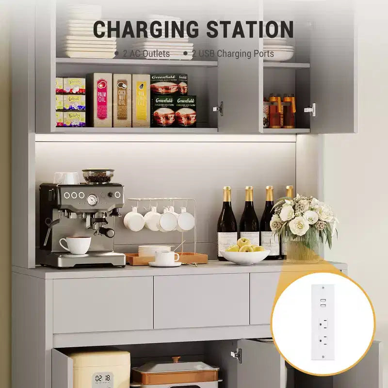 Armoire de cuisine garde-manger de style ferme de 178 cm de haut avec éclairage LED, support pour micro-ondes et tiroirs – Noir / Gris / Blanc