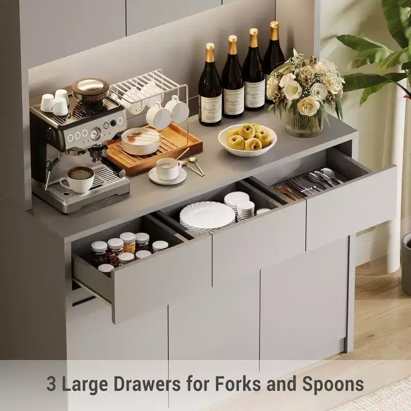Armoire de cuisine garde-manger de style ferme de 178 cm de haut avec éclairage LED, support pour micro-ondes et tiroirs – Noir / Gris / Blanc