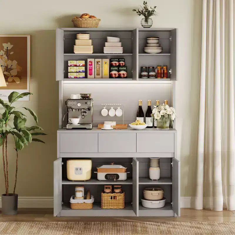 Armoire de cuisine garde-manger de style ferme de 178 cm de haut avec éclairage LED, support pour micro-ondes et tiroirs – Noir / Gris / Blanc