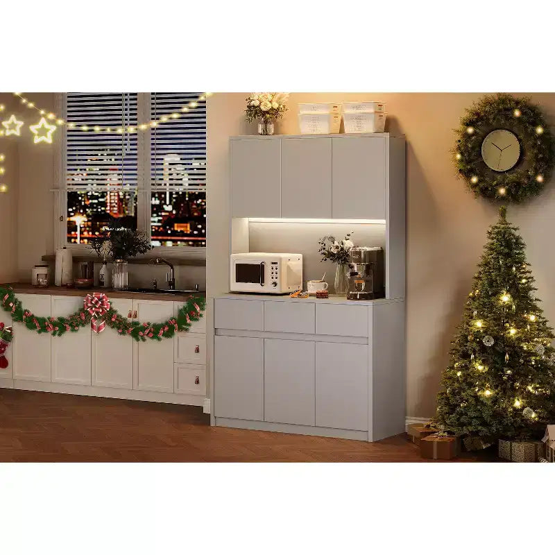 Armoire de cuisine garde-manger de style ferme de 178 cm de haut avec éclairage LED, support pour micro-ondes et tiroirs – Noir / Gris / Blanc