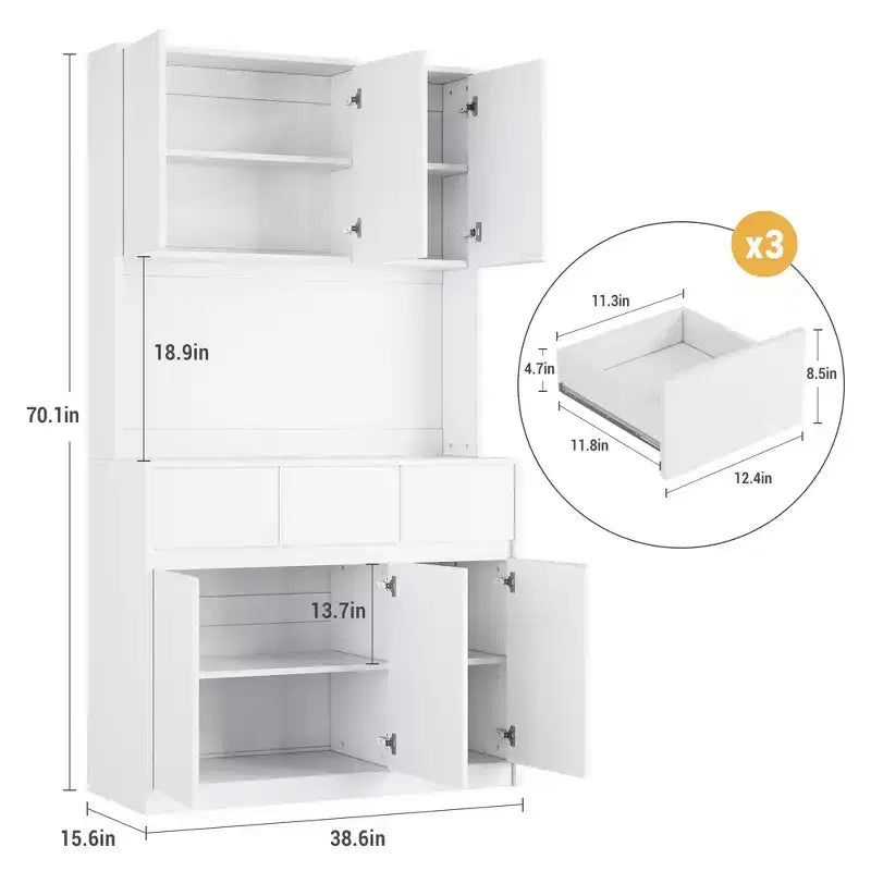 Armoire de cuisine garde-manger de style ferme de 178 cm de haut avec éclairage LED, support pour micro-ondes et tiroirs – Noir / Gris / Blanc