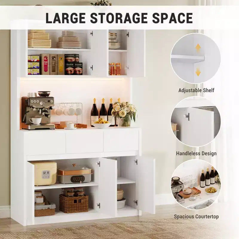 Armoire de cuisine garde-manger de style ferme de 178 cm de haut avec éclairage LED, support pour micro-ondes et tiroirs – Noir / Gris / Blanc