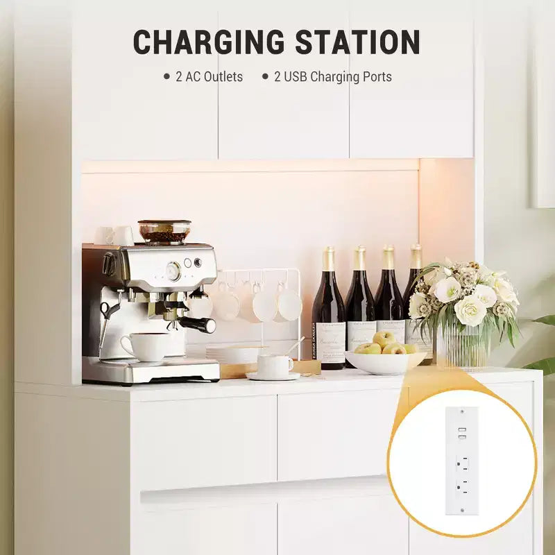 Armoire de cuisine garde-manger de style ferme de 178 cm de haut avec éclairage LED, support pour micro-ondes et tiroirs – Noir / Gris / Blanc