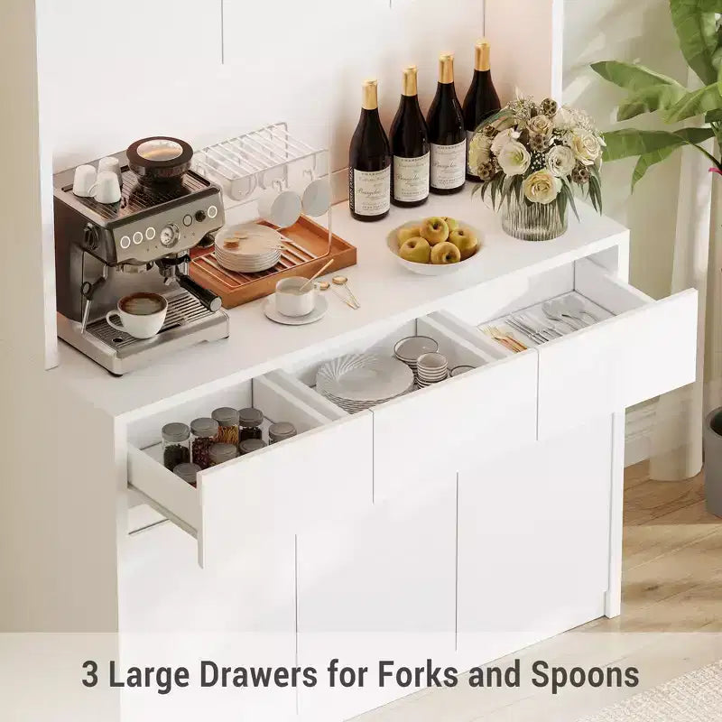 Armoire de cuisine garde-manger de style ferme de 178 cm de haut avec éclairage LED, support pour micro-ondes et tiroirs – Noir / Gris / Blanc
