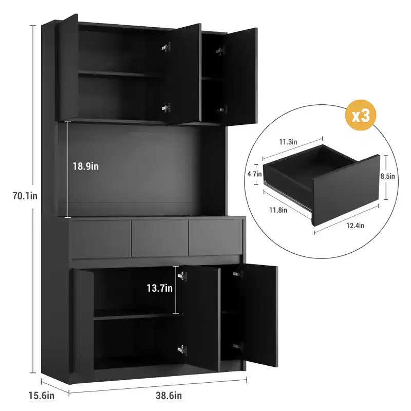 Armoire de cuisine garde-manger de style ferme de 178 cm de haut avec éclairage LED, support pour micro-ondes et tiroirs – Noir / Gris / Blanc