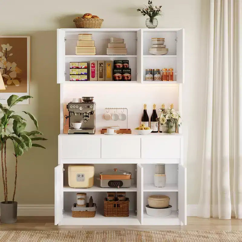 Armoire de cuisine garde-manger de style ferme de 178 cm de haut avec éclairage LED, support pour micro-ondes et tiroirs – Noir / Gris / Blanc