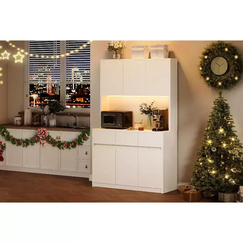 Armoire de cuisine garde-manger de style ferme de 178 cm de haut avec éclairage LED, support pour micro-ondes et tiroirs – Noir / Gris / Blanc