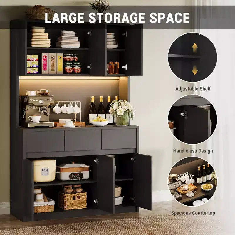 Armoire de cuisine garde-manger de style ferme de 178 cm de haut avec éclairage LED, support pour micro-ondes et tiroirs – Noir / Gris / Blanc