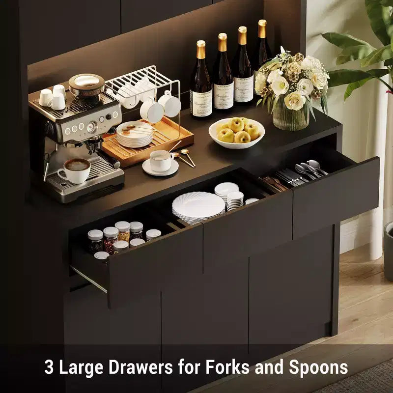 Armoire de cuisine garde-manger de style ferme de 178 cm de haut avec éclairage LED, support pour micro-ondes et tiroirs – Noir / Gris / Blanc