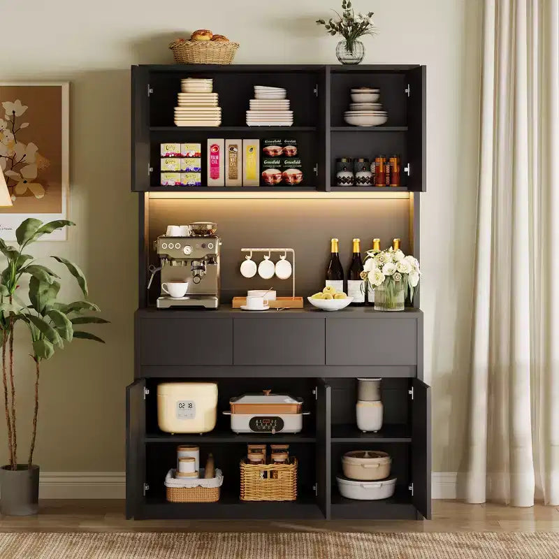 Armoire de cuisine garde-manger de style ferme de 178 cm de haut avec éclairage LED, support pour micro-ondes et tiroirs – Noir / Gris / Blanc
