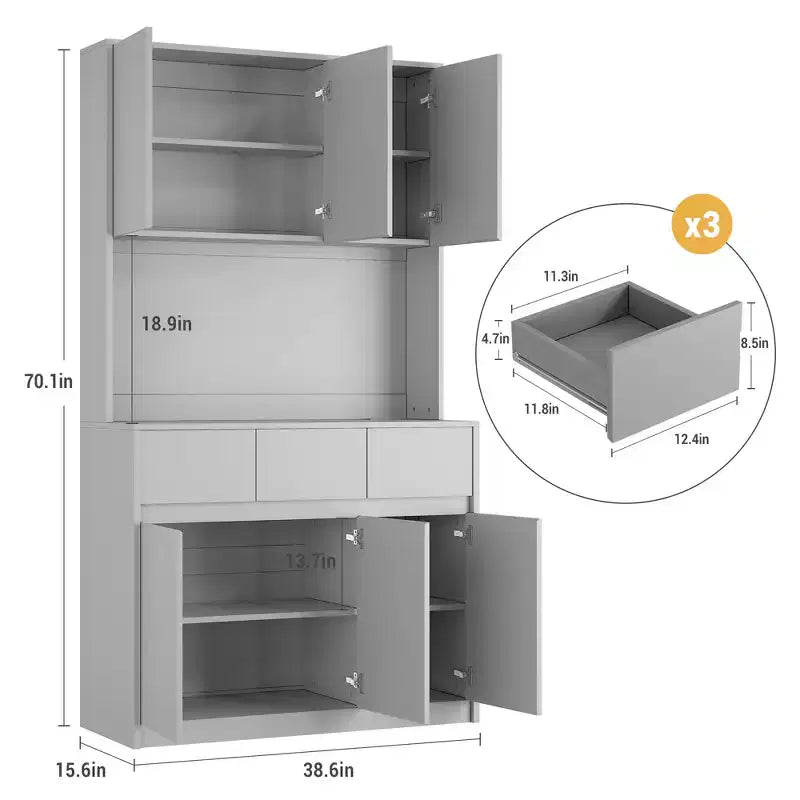 Armoire de cuisine garde-manger de style ferme de 178 cm de haut avec éclairage LED, support pour micro-ondes et tiroirs – Noir / Gris / Blanc
