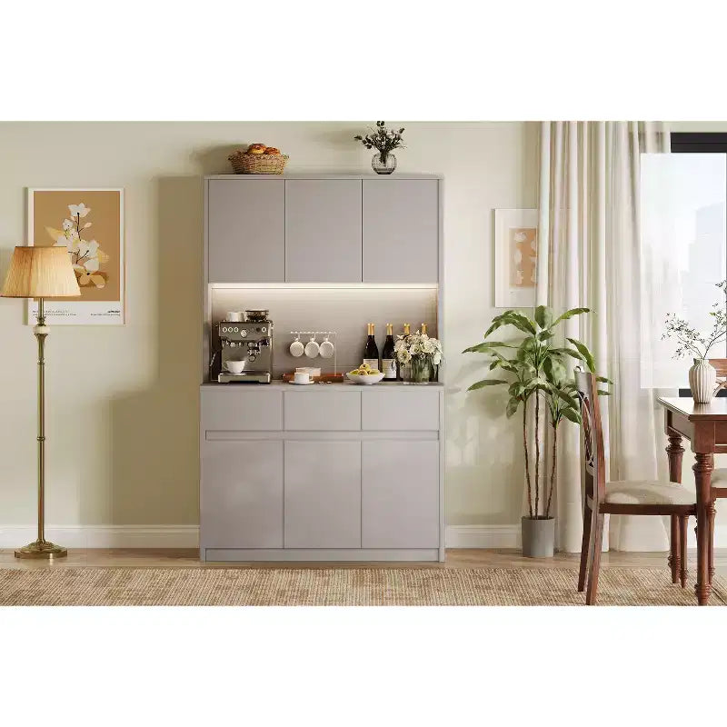 Armoire de cuisine garde-manger de style ferme de 178 cm de haut avec éclairage LED, support pour micro-ondes et tiroirs – Noir / Gris / Blanc