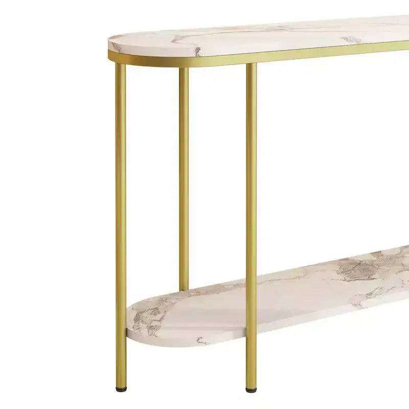 Console ovale à plateau en marbre blanc et cadre doré, 2 niveaux, montage par 1 personne