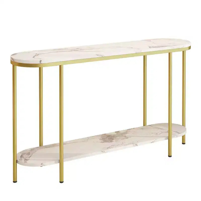 Console ovale à plateau en marbre blanc et cadre doré, 2 niveaux, montage par 1 personne