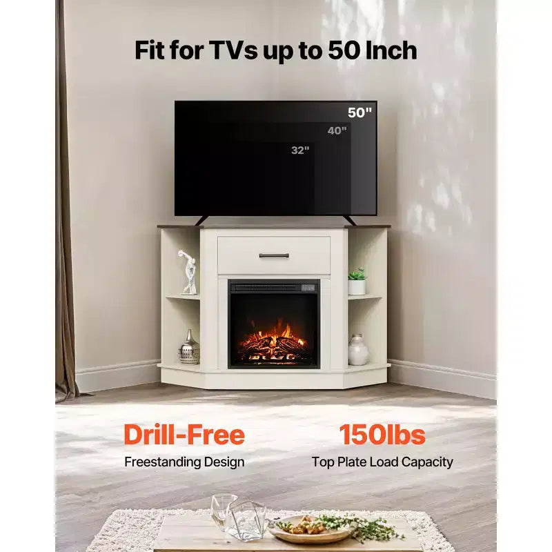 Meuble TV d'angle blanc avec cheminée électrique 46 cm, convient aux téléviseurs jusqu'à 50"