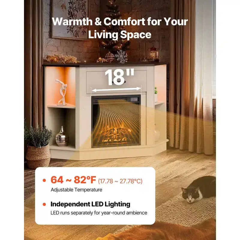 Meuble TV d'angle blanc avec cheminée électrique 46 cm, convient aux téléviseurs jusqu'à 50"