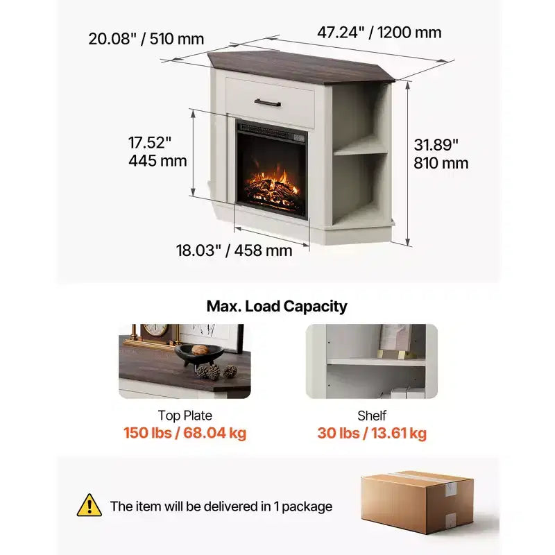 Meuble TV d'angle blanc avec cheminée électrique 46 cm, convient aux téléviseurs jusqu'à 50"