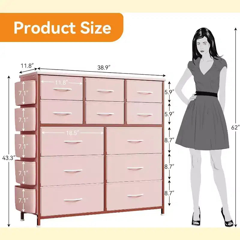 Commode en tissu rose à 12 tiroirs avec cadre en métal, pour 1