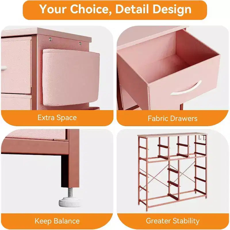 Commode en tissu rose à 12 tiroirs avec cadre en métal, pour 1