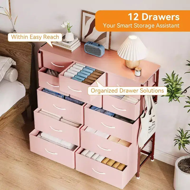 Commode en tissu rose à 12 tiroirs avec cadre en métal, pour 1