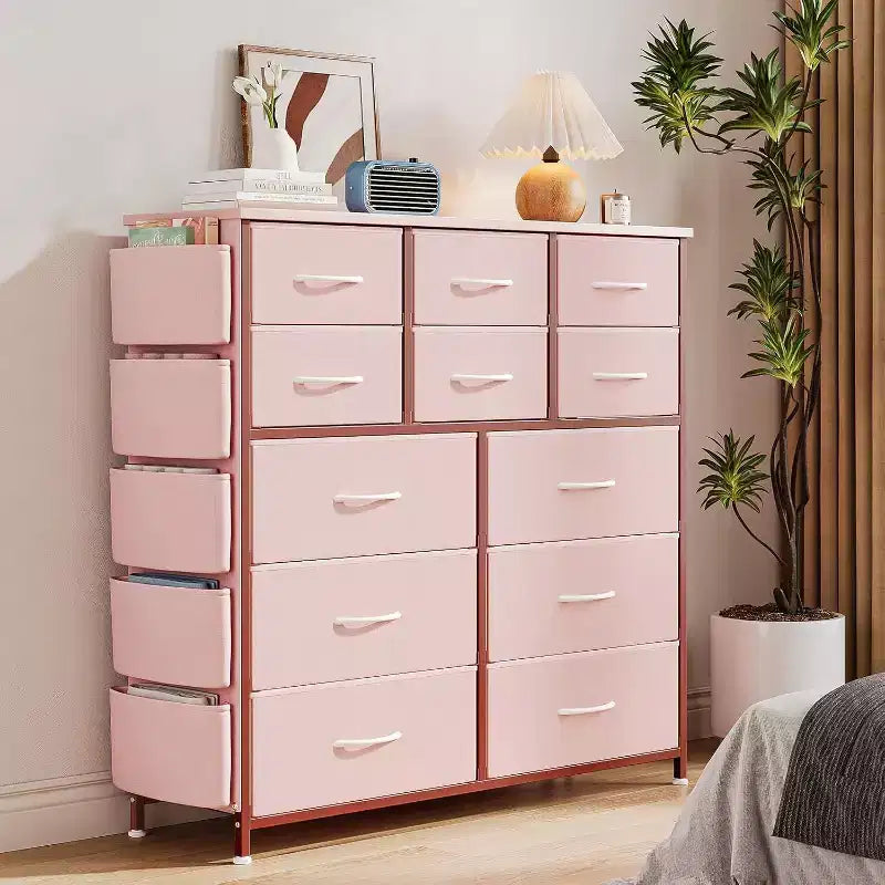 Commode en tissu rose à 12 tiroirs avec cadre en métal, pour 1