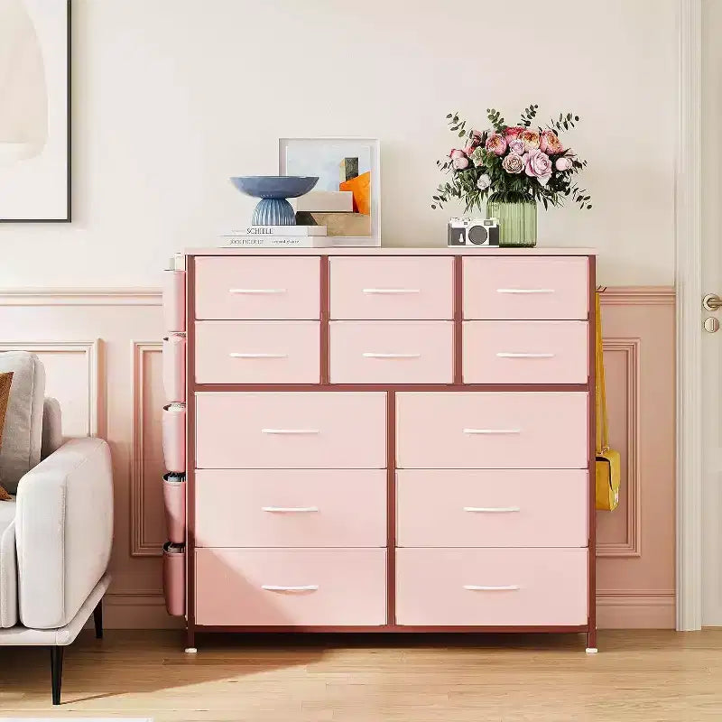 Commode en tissu rose à 12 tiroirs avec cadre en métal, pour 1
