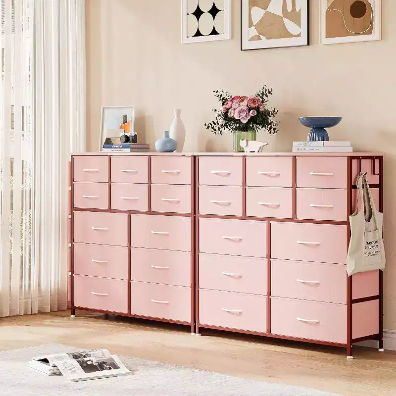 Commode en tissu rose à 12 tiroirs avec cadre en métal, pour 1