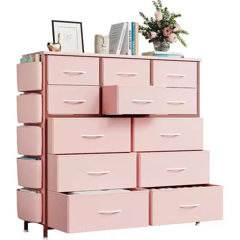Commode en tissu rose à 12 tiroirs avec cadre en métal, pour 1