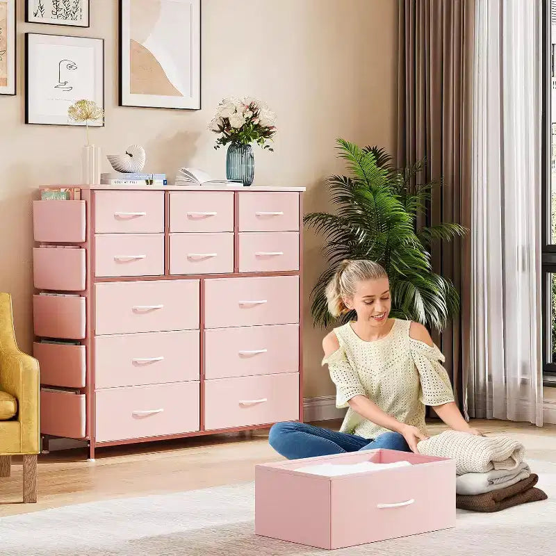 Commode en tissu rose à 12 tiroirs avec cadre en métal, pour 1