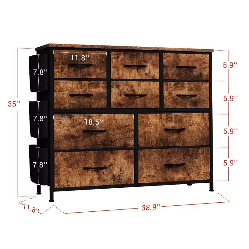 Commode en tissu rustique marron à 10 tiroirs, cadre en métal noir