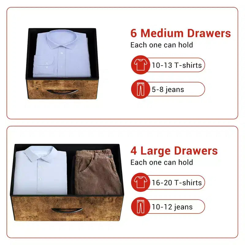 Commode en tissu rustique marron à 10 tiroirs, cadre en métal noir