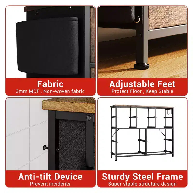 Commode en tissu rustique marron à 10 tiroirs, cadre en métal noir
