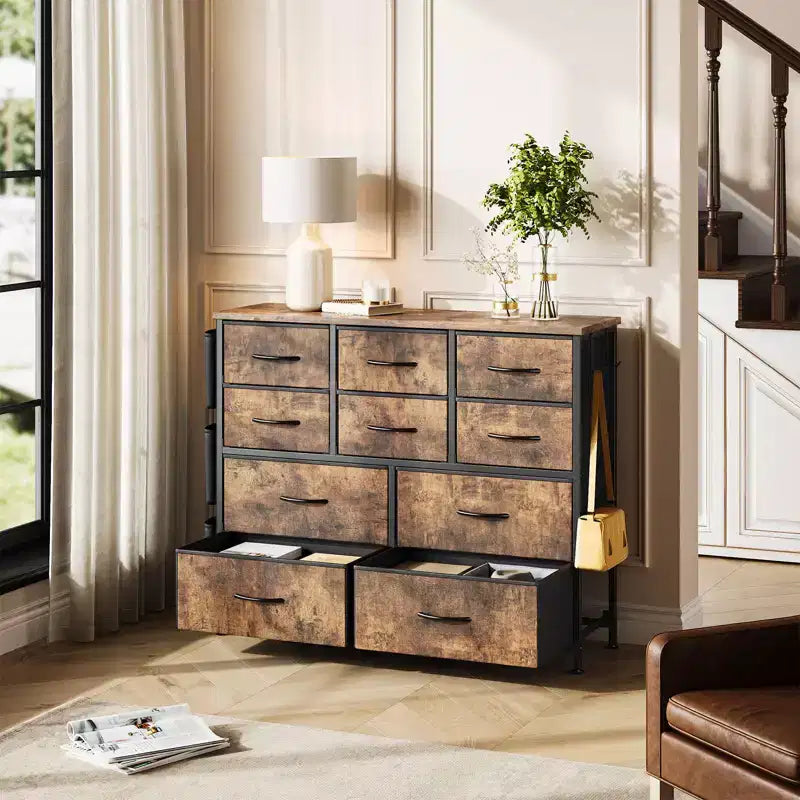 Commode en tissu rustique marron à 10 tiroirs, cadre en métal noir