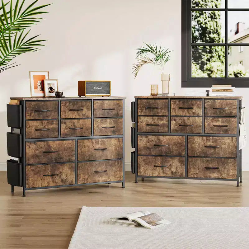 Commode en tissu rustique marron à 10 tiroirs, cadre en métal noir