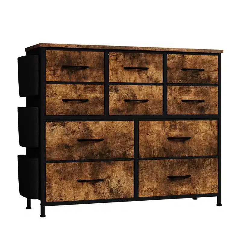 Commode en tissu rustique marron à 10 tiroirs, cadre en métal noir