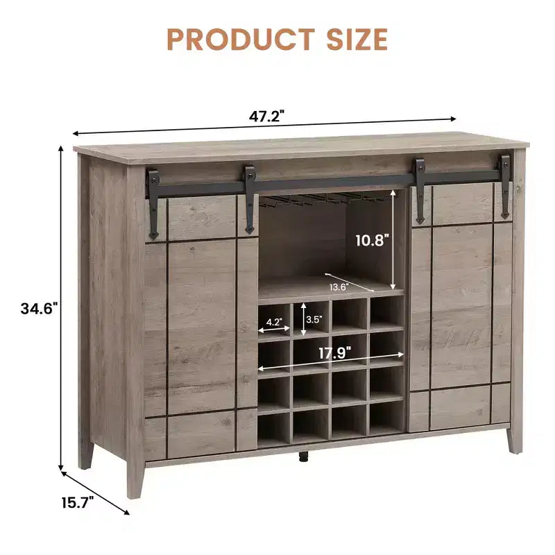 Buffet de salle à manger avec porte coulissante de style grange, porte-bouteilles et finition couleur feu