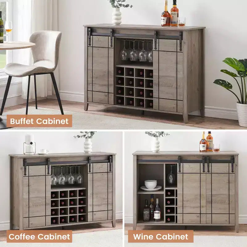 Buffet de salle à manger avec porte coulissante de style grange, porte-bouteilles et finition couleur feu