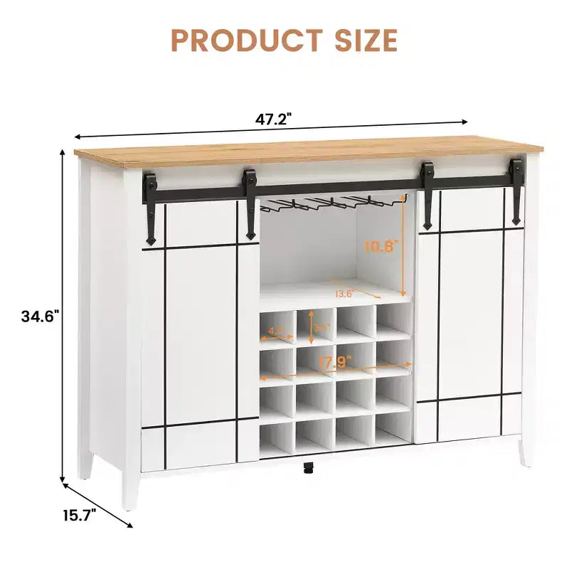 Buffet de salle à manger avec porte coulissante de style grange, porte-bouteilles et finition couleur feu
