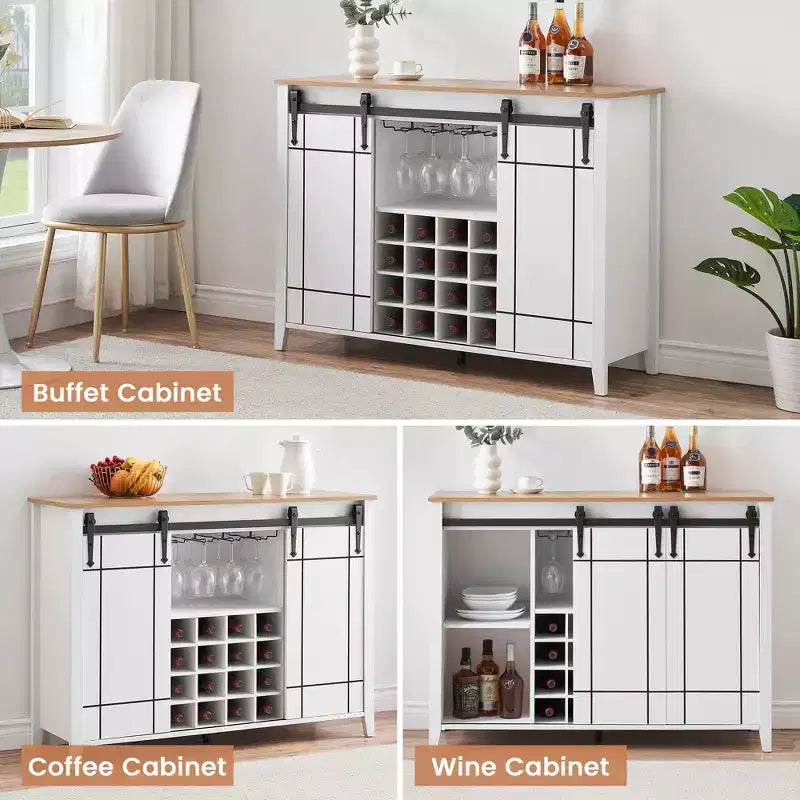 Buffet de salle à manger avec porte coulissante de style grange, porte-bouteilles et finition couleur feu