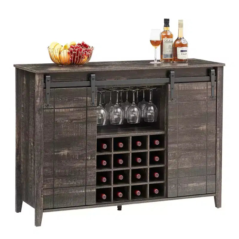 Buffet de salle à manger avec porte coulissante de style grange, porte-bouteilles et finition couleur feu