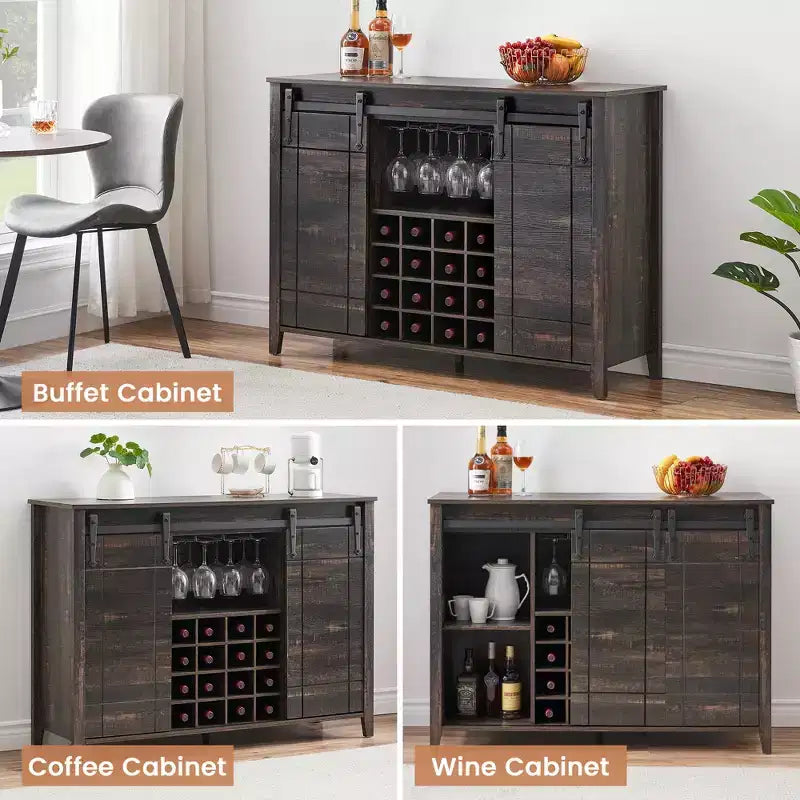 Buffet de salle à manger avec porte coulissante de style grange, porte-bouteilles et finition couleur feu