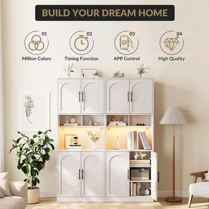 Meuble de rangement haut de cuisine blanc avec lumière RVB, 4 portes et étagères ouvertes
